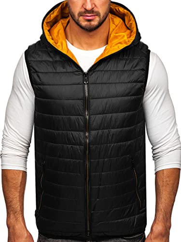 BOLF Herren Weste mit Stehkragen Steppweste Bodywarmer Kapuze Daunenweste Reißverschluss Ärmellose Sportweste Zip Wärme Freizeit Outdoor Style 7106 Schwarz L [1U1]