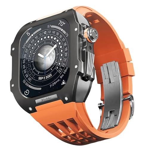 KANUZ Uhren-Modifikationsset für Apple Watch 6 5 4 SE 44 mm Titangehäuse + Viton-Armband, Luxusgehäuse und Armbandmodifikationsset (Farbe: Orange 7, Größe: 44 mm)