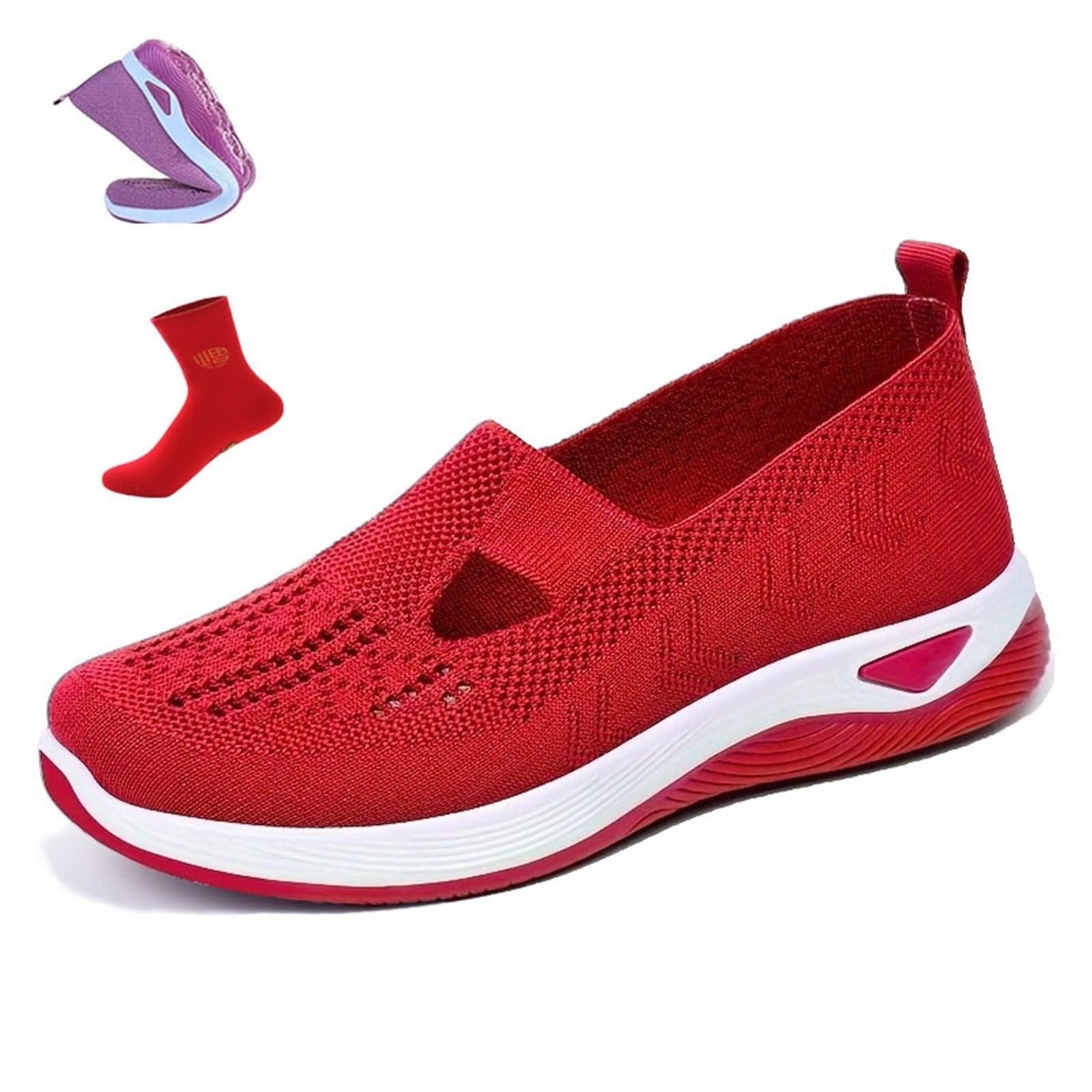 OTEB Bequeme, atmungsaktive Strick-Sneaker for Damen, Slip-On-Wanderschuhe for Damen, atmungsaktive Mesh-Sneaker(Red,40 EU)