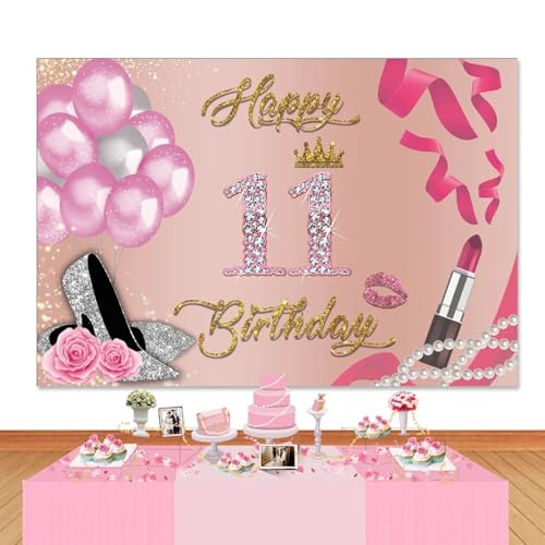 Alles Gute zum 11. Geburtstag Fotografie Hintergrund für rosa Mädchen 11 Jahre Party Ballons Dekorationen Foto Hintergrund Zubehör 350x230cm