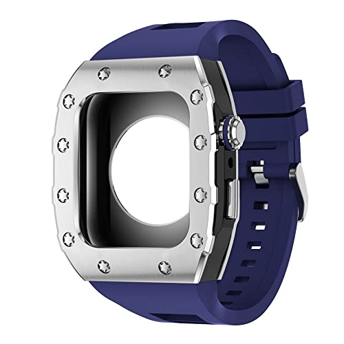 KANUZ 44 mm 45 mm Modifikationsset für iWatch Serie 7, 6, 5, 4 SE, Metallgehäuse, Silikonband für Apple Watch, Gummiband, Stoßfängerabdeckung (Farbe: S-BB-U, Größe: 44 mm)