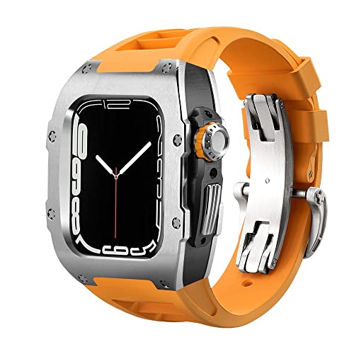 TONECY Für Apple Watch Band Serie 8, 7, 44 mm, 45 mm, Luxus-Modifikationsset, Gummiband, Metallgehäuse für iWatch SE 6, 5, 4, DIY-Nachrüst-Set (Farbe: Orange-SBS, Größe: 45 mm)