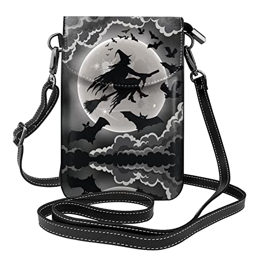 DMORJ Halloween-Hexe-Handy-Geldbörse – kleine Umhängetasche aus Leder für Damen, Schultergurte, Tasche mit Kreditkartenfächern, 19 x 7,3 cm, Schwarz , Einheitsgröße