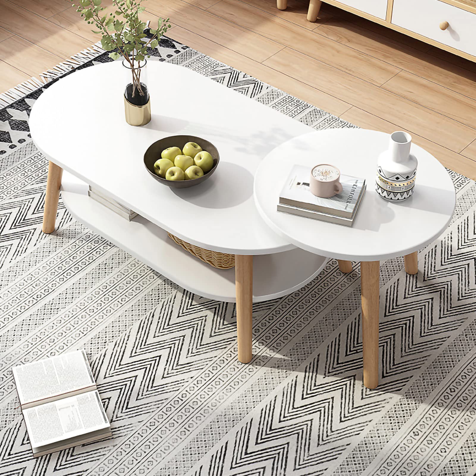 Zusammensetzbarer Couchtisch im 2er-Set, großer ovaler Couchtisch und kleiner runder Beistelltisch mit Ablagefläche, 2-in-1-Sofatisch, Teetisch mit Massivholzbeinen, für Wohnzimmer, Heimbüro, Schlafz