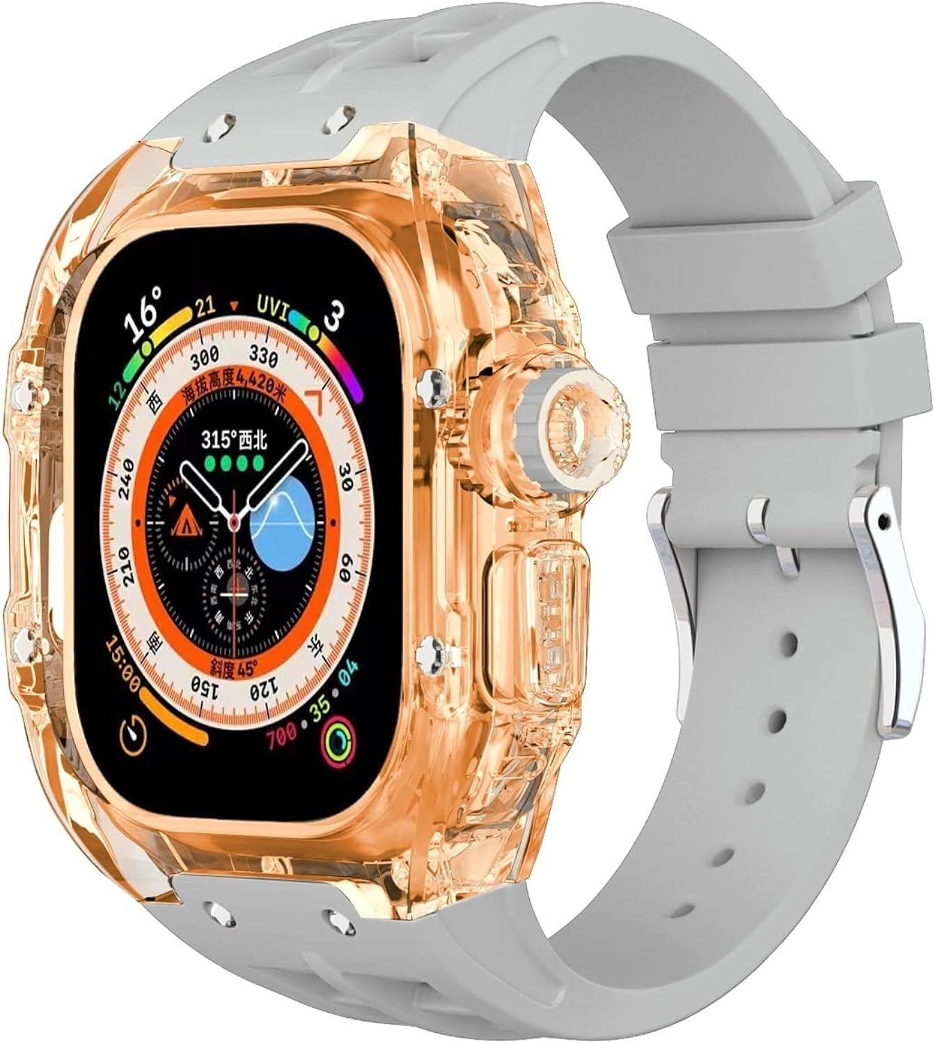 NEYENS 49 mm Fluorkautschuk-Uhrenarmband + transparentes Gehäuse-Modifikationsset, für Apple Watch Ultra 49 mm, luxuriöses Silikon-Gummiband, für Ultra 8, 49 mm Serien-Ersatz, 49 mm, Achat