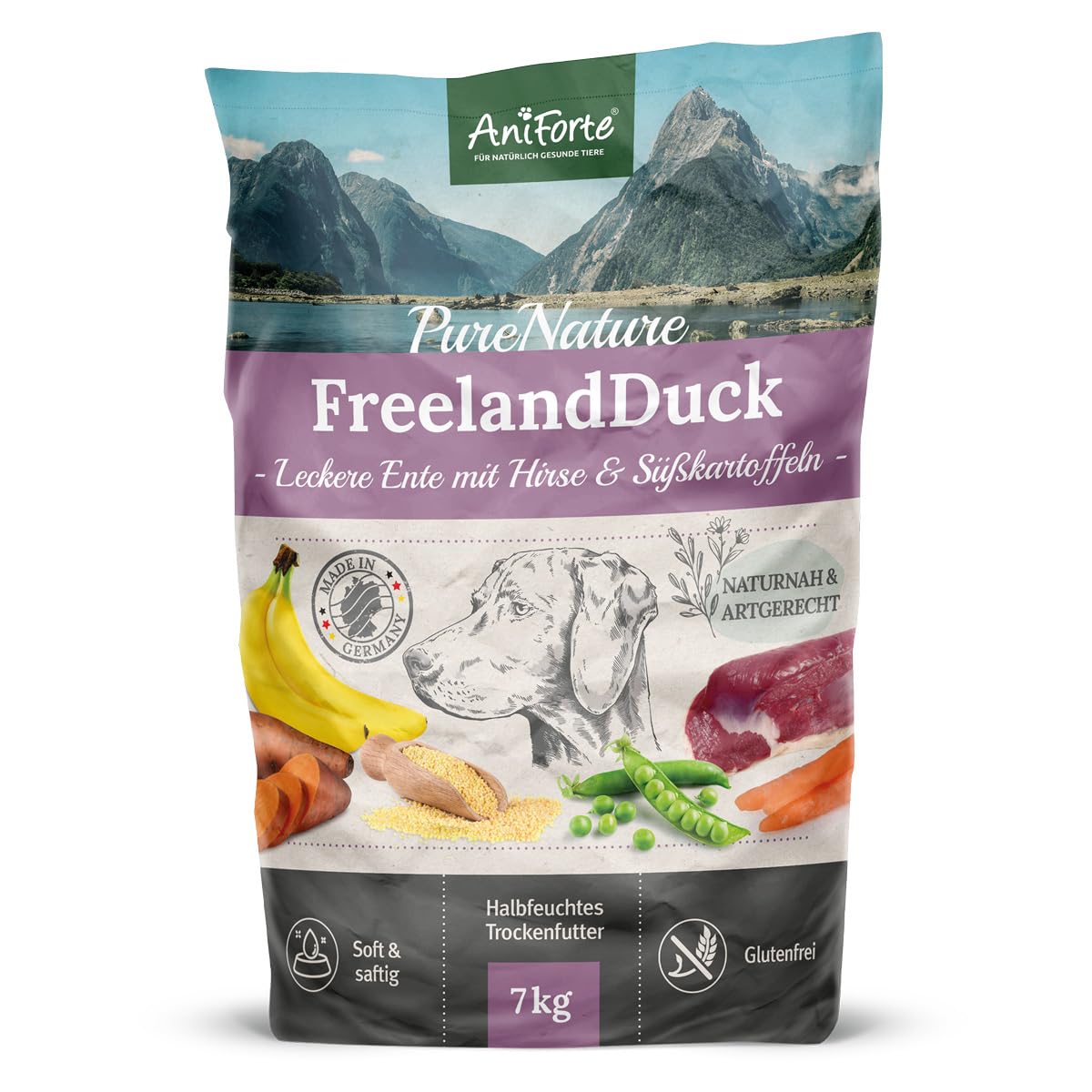 AniForte Ente Trockenfutter für Hunde 7kg – Leckere Ente mit Hirse, Süßkartoffeln & Kräutern, Vitamine für Hunde, Halbfeuchtes Trockenfutter, Hundefutter trocken glutenfrei für Allergiker