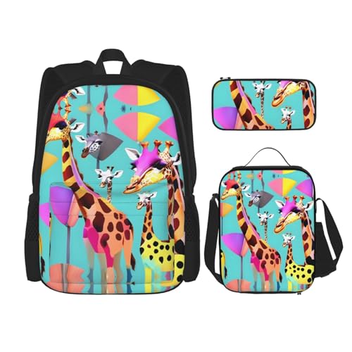 YQxwJL 3-in-1-Rucksack-Büchertaschen-Set, grüner Alien-Druck, lässiger Reiserucksack, mit Federmäppchen, Lunchtasche, Bunte Giraffen-Fans, Liebhaber, Einheitsgröße