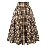 WINDEHAO Herbst Winter Damen Rock mit hoher Taille, Vintage-Stil, eleganter karierter Wollrock, A-Linie, plissierter, elastischer Taillenbund, langer Rock (Gelb, XXL)