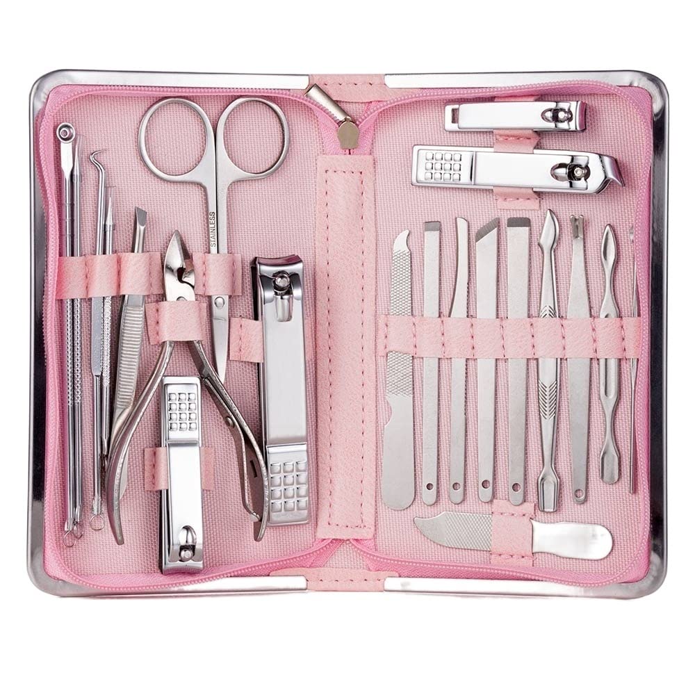 OPKDE 11–26-teiliges professionelles Nagelknipser-Set, Maniküre-Set, Edelstahl, Nagelschneider, Schere, Nagelhautzange, Nagelwerkzeug-Set (21 Stück, rosa)