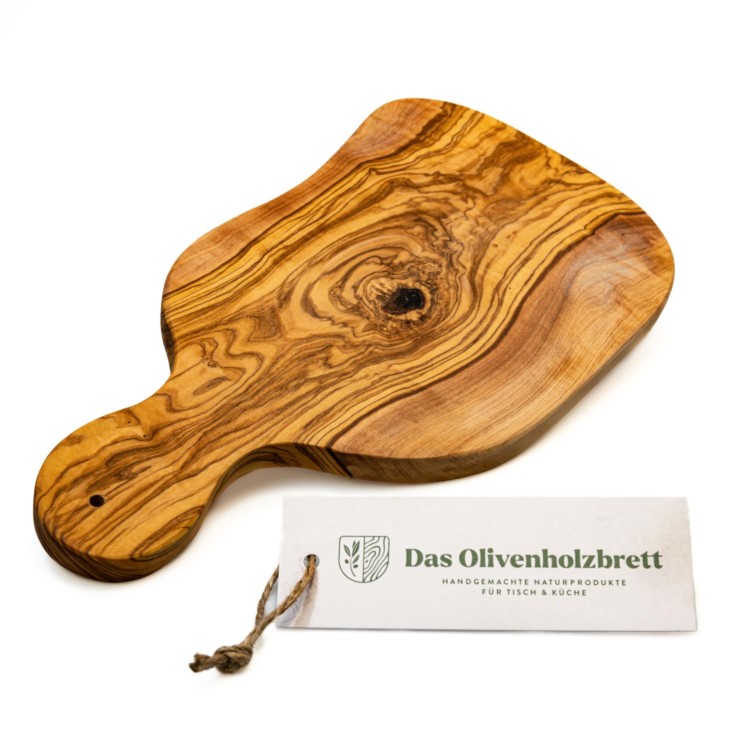 das Olivenholzbrett® Knoblauch Schneidebrettchen aus Olivenholz/Kräuterschneidebrettchen/Zwiebelbrett aus Holz mit Griff aus Olivenholz/mit Loch zum Aufhängen 35cm incl Griff