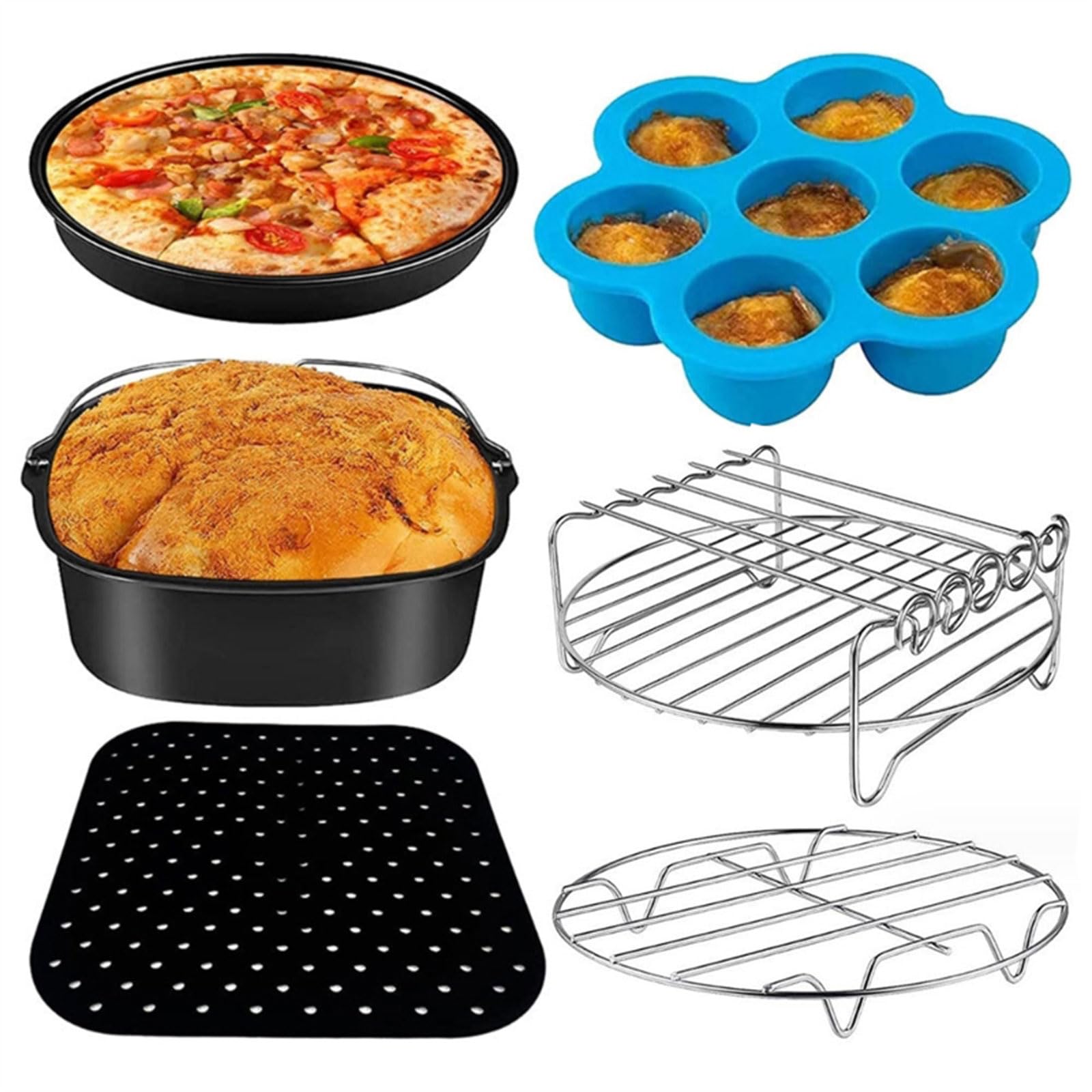 6 Stück Luftfritteusen-Backrost, Edelstahl, Silikon, wiederverwendbar, Pizza, Kuchen, Grill, Backen für 5,8 l Luftfritteuse, Backofen-Zubehör