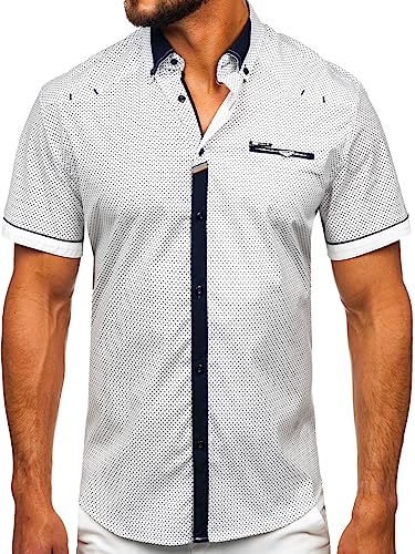 BOLF Herren Kurzarmhemd Kariert Freizeithemd Kurzärmliges Elegant Business Party Hemd Kentkragen Sommer Farbwahl Slim Fit Casual Style 19616 Weiß L [2B2]