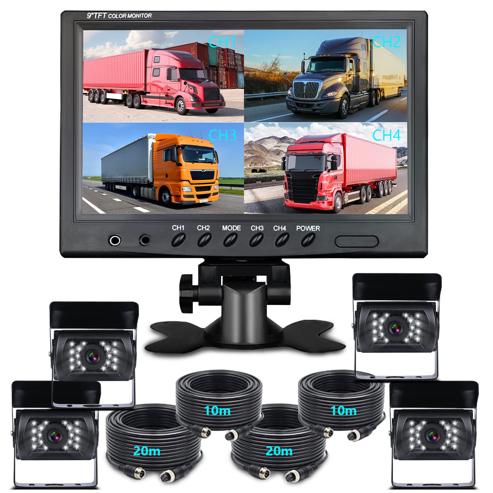 9 Zoll Rückfahrkamera Set Monitor mit 4 Pin Kabel, 4 Wasserdicht Nachtsicht Spiegel Kameras für LKW Wohnmobil Anhänger Wohnwagen Landwirtschaft, 12V/24V/35V Einparkhilfe Hinten Rückfahrkamera Kabel