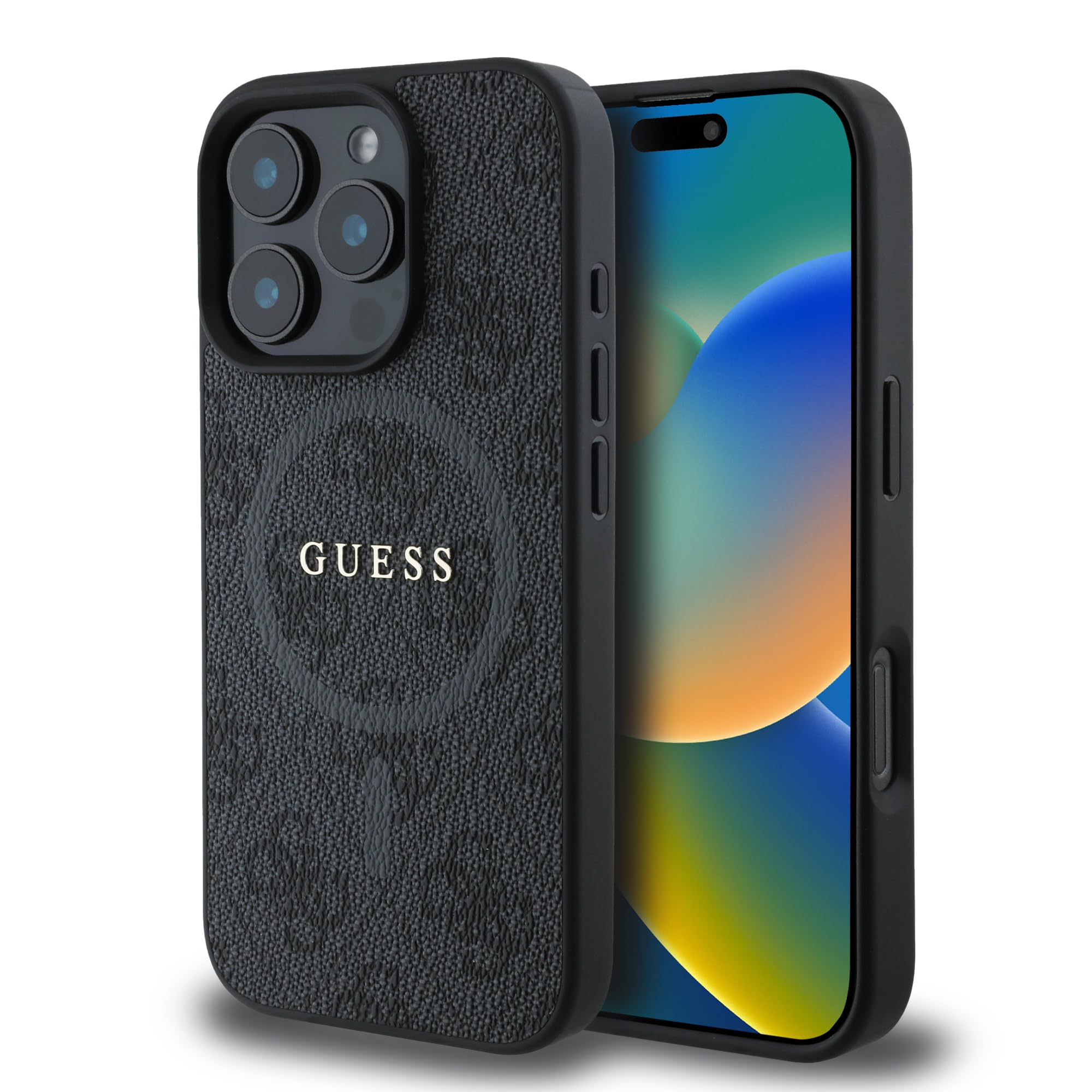 CG MOBILE Guess Handyhülle für iPhone 16 Pro Max, langlebig, stoßfest, kompatibel mit Magsafe, PU 4G Ring Classic Logo Hülle, Schwarz