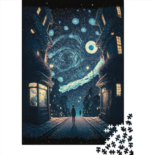 Punk Starry Night Holzpuzzle für Erwachsene, Puzzlespielzeug, schwieriges, anspruchsvolles Puzzle mit 1000 Teilen, mit passendem Poster und Wissensblatt, 75 x 50 cm