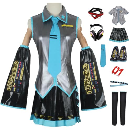 JGZGCG Miku Cosplay Kostüm Set mit Perücke Kopfhörer H'atsune Miku Verkleidung Anime Miku Uniform Lackleder Weihnachten Halloween Karneval Party Bühnenauftritt Kostüm Erwachsene XXS-3XL