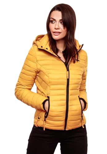 MARIKOO Damen Jacke Steppjacke Übergangsjacke mit Kapuze gesteppt B600 [B600-Samt-Gelb-Gr.L]