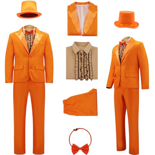 AYYOHON Harry und Lloyd Smoking für Herren, lustiger Anzug, Dumm-Orange, Blazer, Zylinder, Fliege, Halloween, Cosplay, Kostüm, Größe XL