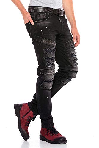 Cipo & Baxx Herren Jeanshose Destroyed Regular Fit Denim Hose Pants Labeldetails Zerrisen Hose Design Jeans Hose Schwarz W36 L32