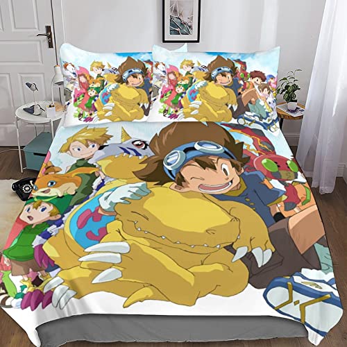 UKALOU Digimon Adventure Anime Bettwäsche 3D Bettbezug Mikrofaser Bettwäsche-Sets, Bettbezüge Mit Reißverschluss Und Kissenbezüge 3 Teilig Sets Double（200x200cm）