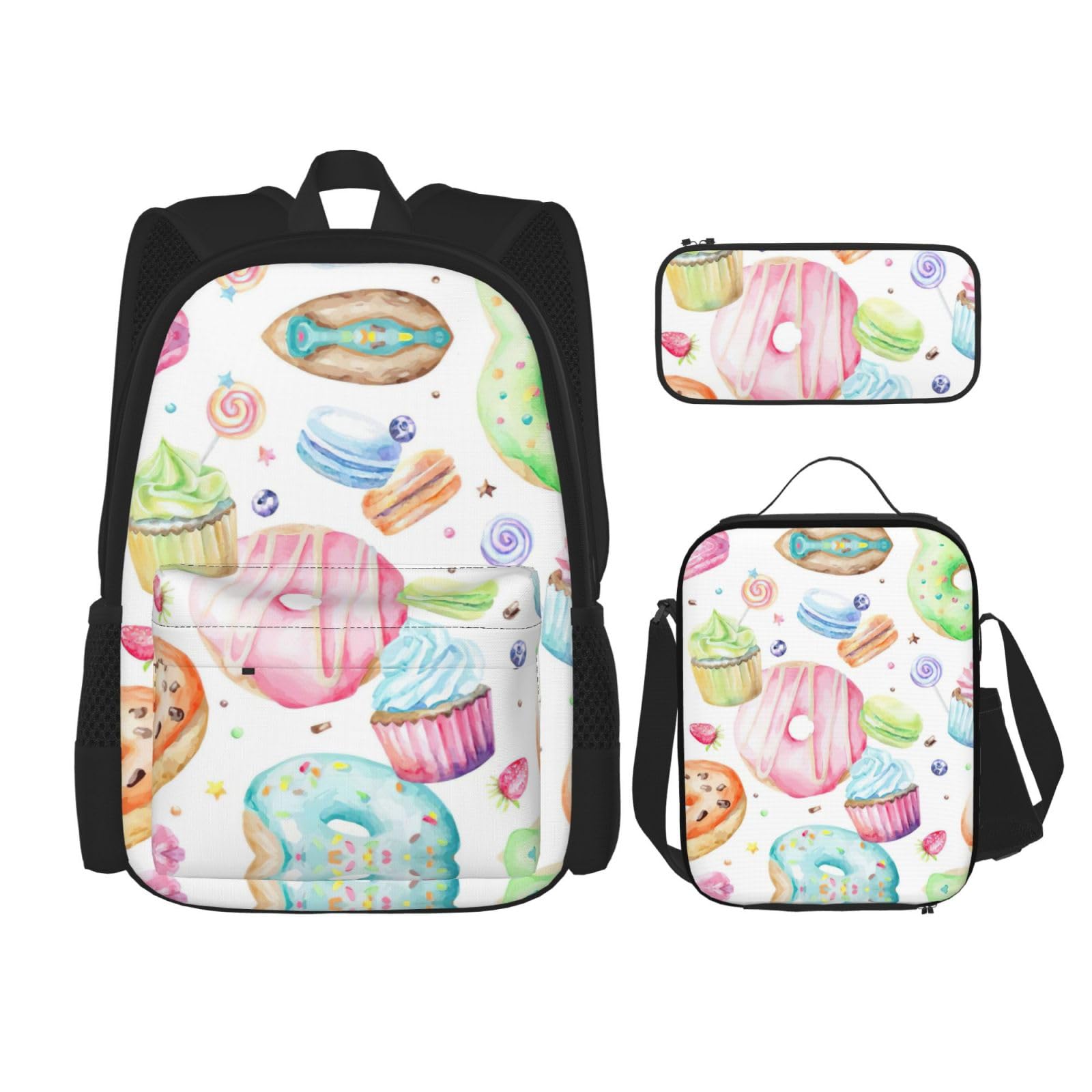 WURTON Cupcakes Donuts Muffins Zuckerdruck Rucksack Mädchen Jungen Schultaschen Teenager Lunchbox und Federmäppchen 3 in 1 Büchertaschen Set