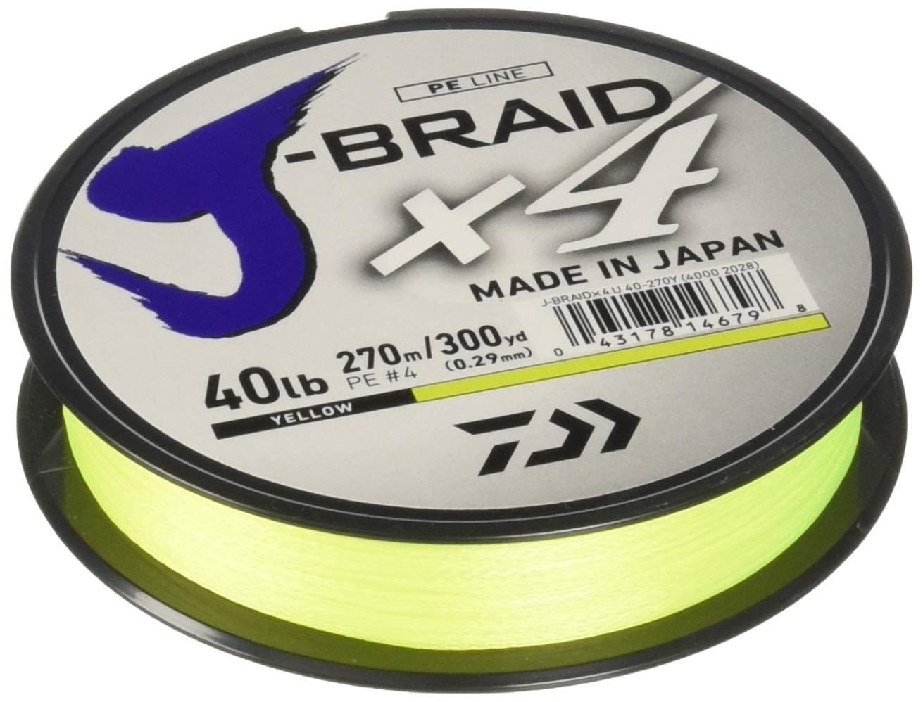 Daiwa Braided Fishing Line JB4U40-300FY J-Braid X4 4-strängige geflochtene Schnur 40# 300 yd, Fluoreszierendes gelb, 40 lb