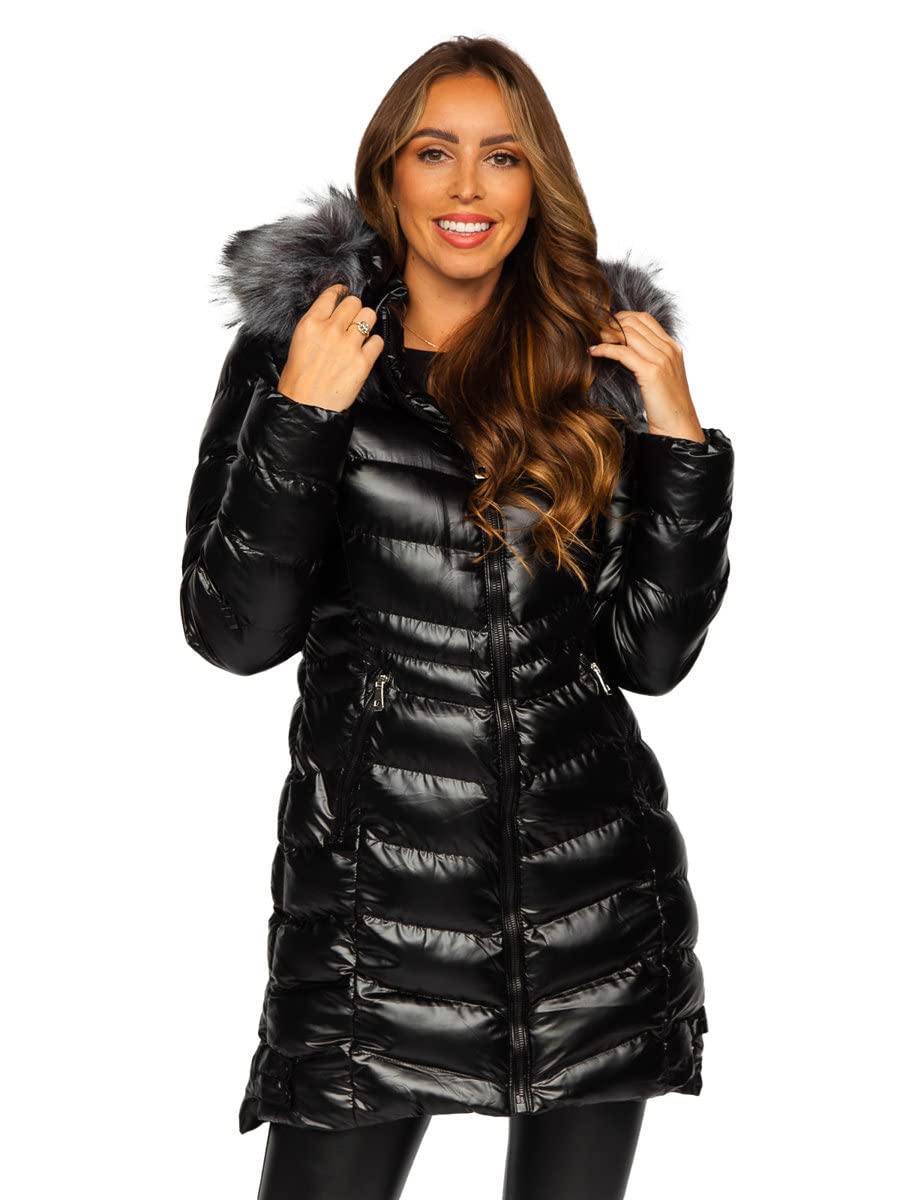 BOLF Damen Winterjacke Parka Wintermantel Lange Daunenjacke Steppjacke mit Kunstfell Kapuze Puffermantel Sportjacke Warm Gefüttert Freizeit Outdoor Casual Style 7076 Schwarz XXL [D4D]