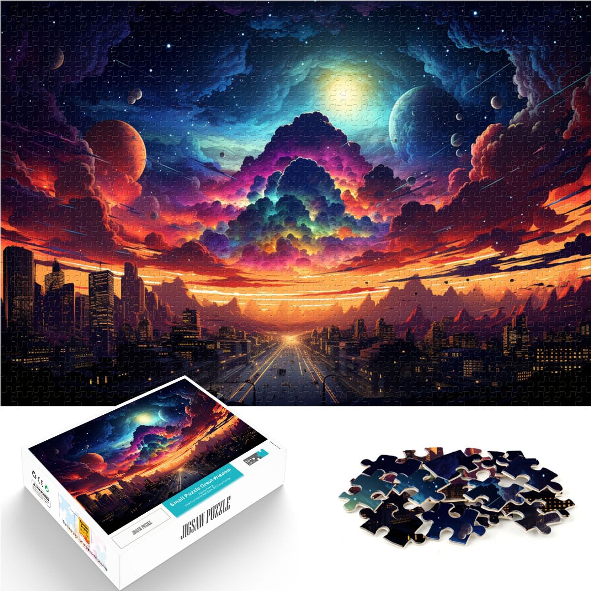 Puzzle für farbenfrohe, psychedelische Himmelsstadt, Puzzle 1000 Teile für Erwachsene, Holzpuzzle, Lernspiele für Zuhause, DIY-Spielzeug, 1000 Teile (50 x 75 cm)