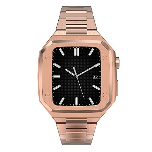 TONECY Metallarmband und Hülle für Apple Watch 8, 7, 45 mm, Edelstahl, modifiziertes einteiliges Armband für iWatch 6, 5, 4, SE, 44 mm, Schutzhülle (Farbe: Roségold, Größe: 44 mm)