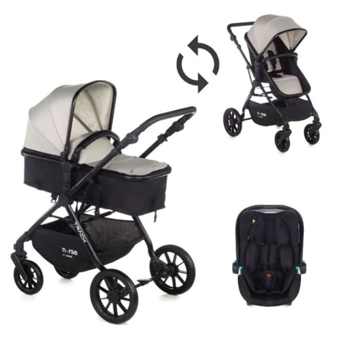 Nurse Track, 2-en-1 Kinderwagen + Babyschale, Sitz umwandelbar in Tragetasche, kompakt faltbar, mit Regenschutz und Tasche, Beige