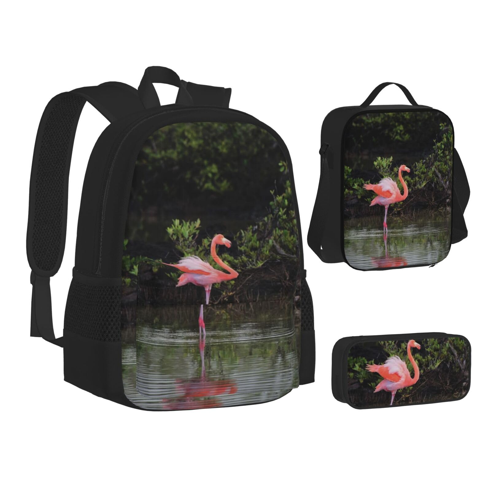 WURTON Büchertasche mit zwei Flamingo-Muster für Teenager, Federmäppchen, 3-in-1, Schulrucksäcke, Kinderrucksack, Zwei Flamingos, Einheitsgröße