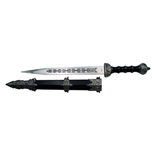 Amont Dolch Gladius Bordeauxrot S0178BK, Knopf und Schutz sind nickelfarben, schwarzer Griff und Nickelstreifen, Gesamtgröße 46,5 cm, Stahlklinge, Schwarze Scheide mit Nickeloberfläche.