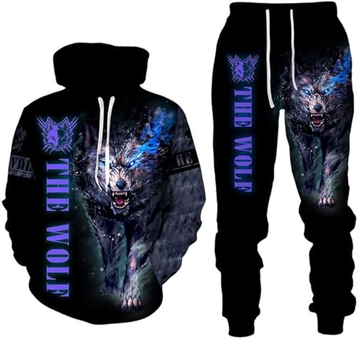 RIAAJ 3D Wolf Jogginganzug Herren Jogging Sportanzug Fitness Sporthose Hose Hoodie Herren Trainingsanzug Zweiteiliges Set Freizeitanzug mit Löwen Tigermuster Sportsw (F8,XL)