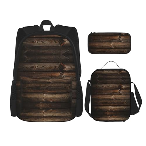 3-in-1-Set mit braunem Holzdruck, lässiger verstellbarer Schulter-Rucksack, Lunch-Tasche, Federmäppchen, Beutel, Schwarz, Einheitsgröße