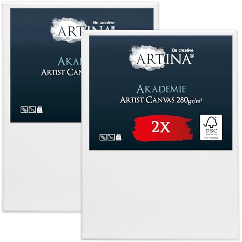 Artina Akademie 2er Set 70x100cm Leinwand aus 100% Baumwolle auf stabilem FSC® Keilrahmen 2-Fach weiß vorgrundierte Leinwand zum Bemalen 280 g/m²