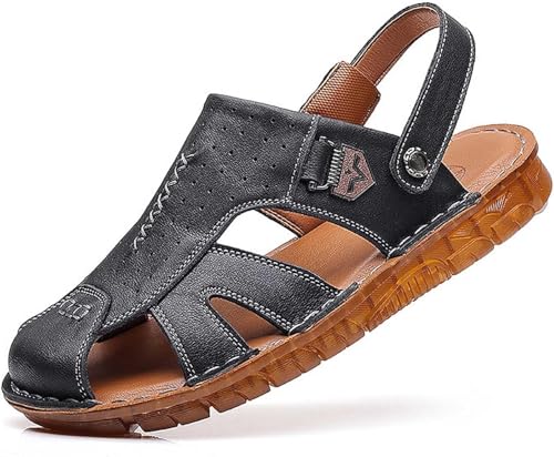 Herren-Ledersandalen, geschlossene Zehensandalen, lässige Strandschuhe, Sommer-Slip-On-Hausschuhe mit verstellbarem Riemen, Schwarz, 38 EU