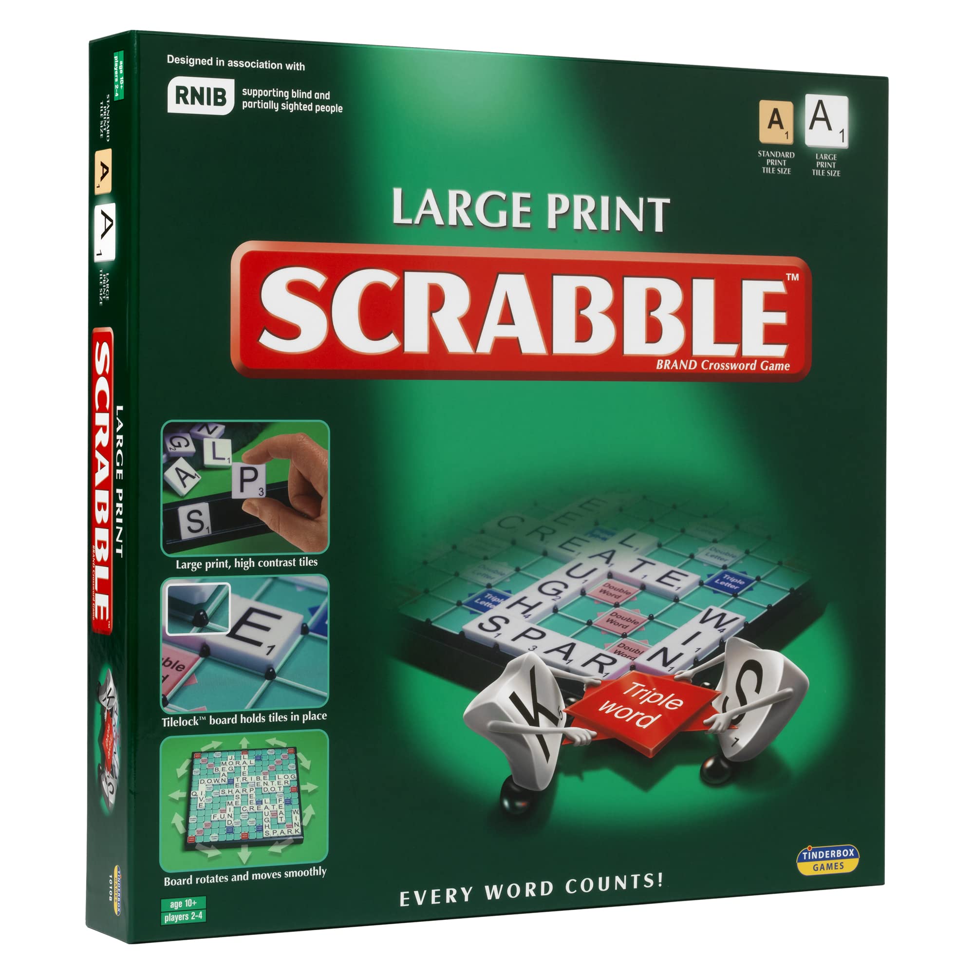 Ideal Großdruck-Scrabble: Extra Board mit klarem, großgedrucktem Text und Buchstaben-Kacheln | Spiele | Wort | für 2–4 Spieler | ab 10 Jahren, 11213, Grün, Brett: 37 cm x 37 cm/Spielsteine: 2,3 cm x