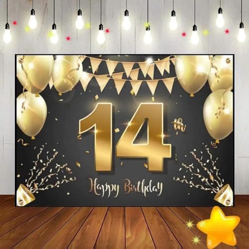 Alles Gute zum 14. Geburtstag Goldener Hintergrund Fotografie Party geboren Requisiten Spiel Baby Party Prinz Ballon Foto 210X150cm