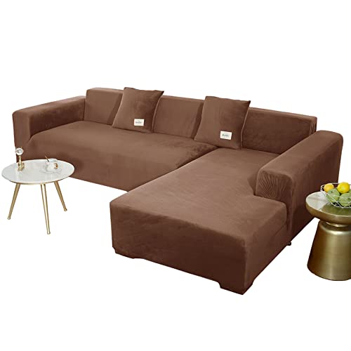 JHLD Sofabezug L Form, Stretch Sofabezug Samt L-förmiger Sofabezug Weiche Anti-rutsch Sofa Überwürfe Für Ecksofa-Tiefer Kaffee-4 Sitzer+4 Sitzer