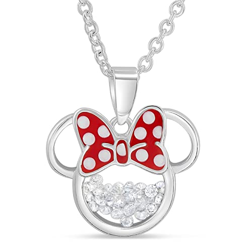 Disney Birthstone Women and Girls Jewelry Minnie Mouse Silver Plated Shaker Pendant Necklace, 18+2" Extender Mickey's 90th Birthday Anniversary