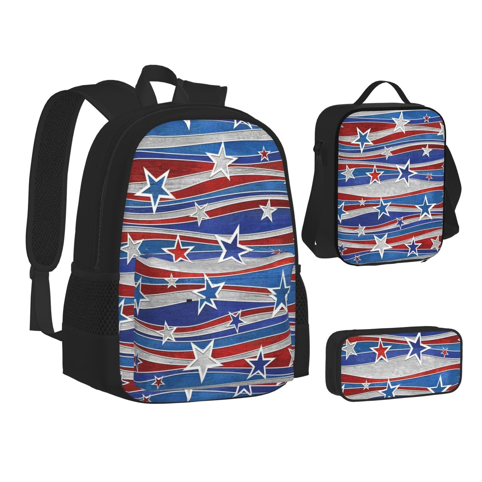 WURTON Petoskey Büchertasche für Teenager, Federmäppchen, 3-in-1, Schulrucksäcke, Kinderrucksack, Steindruck, Patriotic Stars Stripes Independence Day, Einheitsgröße