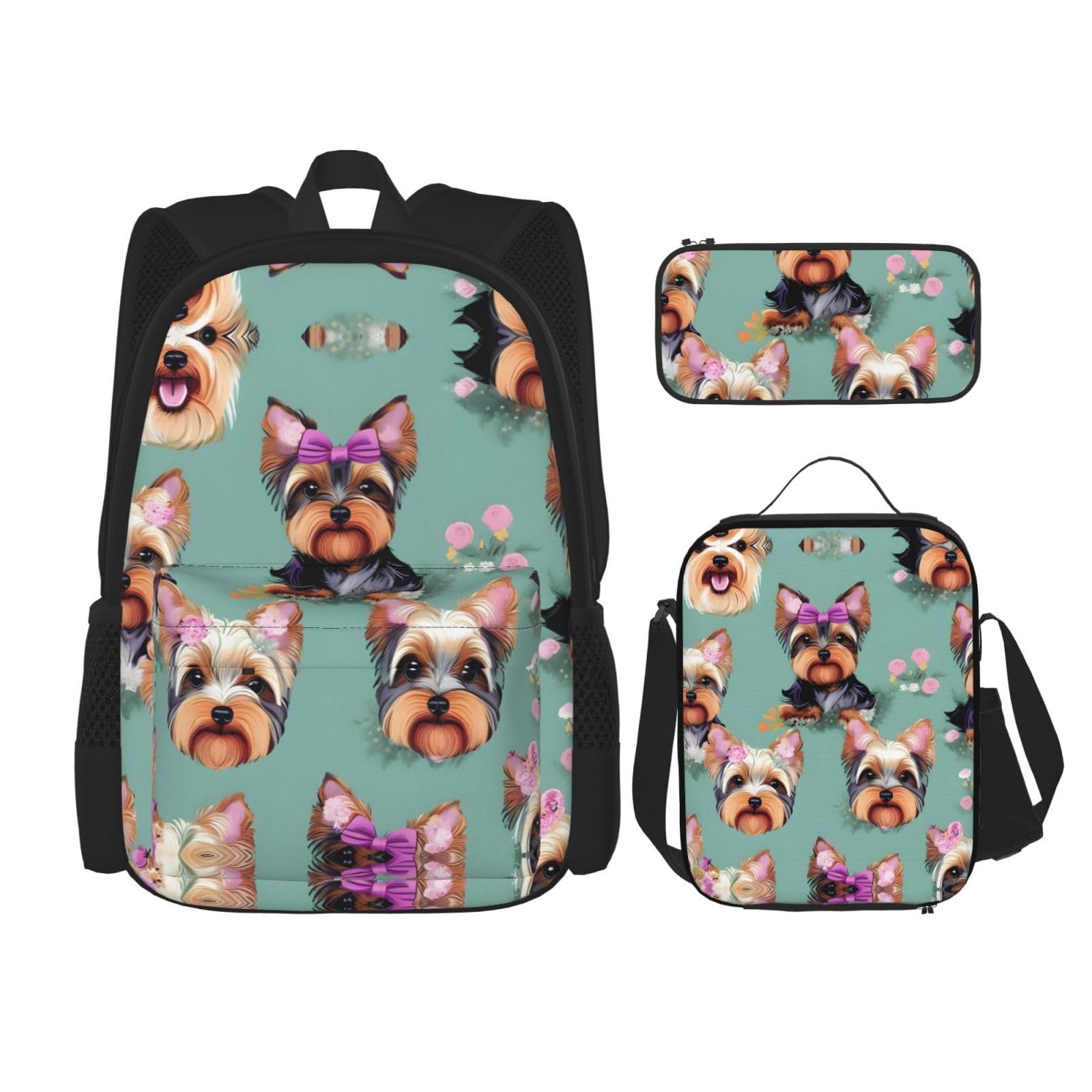 WURTON Yorkie Floral Print Reise Lunchbox Federmäppchen Rucksack Set 3 Stück Verstellbare Träger Leicht, Schwarz, Einheitsgröße