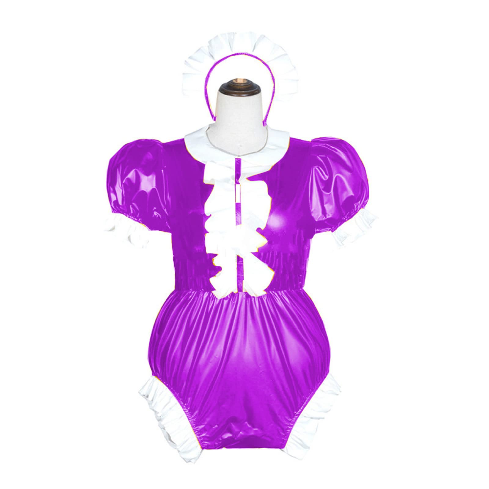 Damen-Body mit Wetlook, PVC, Rollkragen, Bodysuit, Leder, Puffärmel, Overall, Rosenviolett, XS