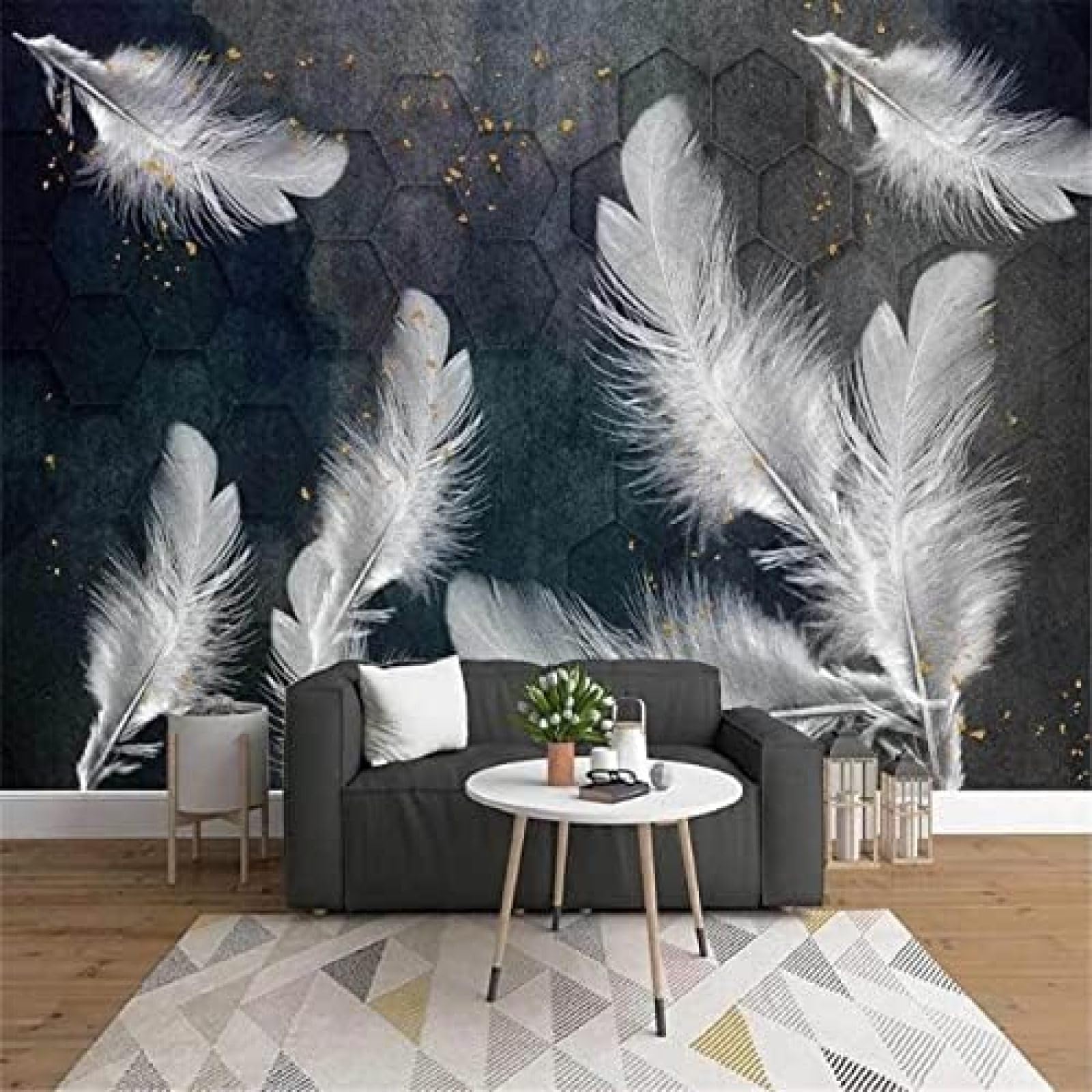 XLMING Einfache Blaue Aquarellwand Weiße Feder 3D Tapete Wohnzimmer Sofa Schlafzimmer Esszimmer Home Dekoration Wand-350cm×256cm