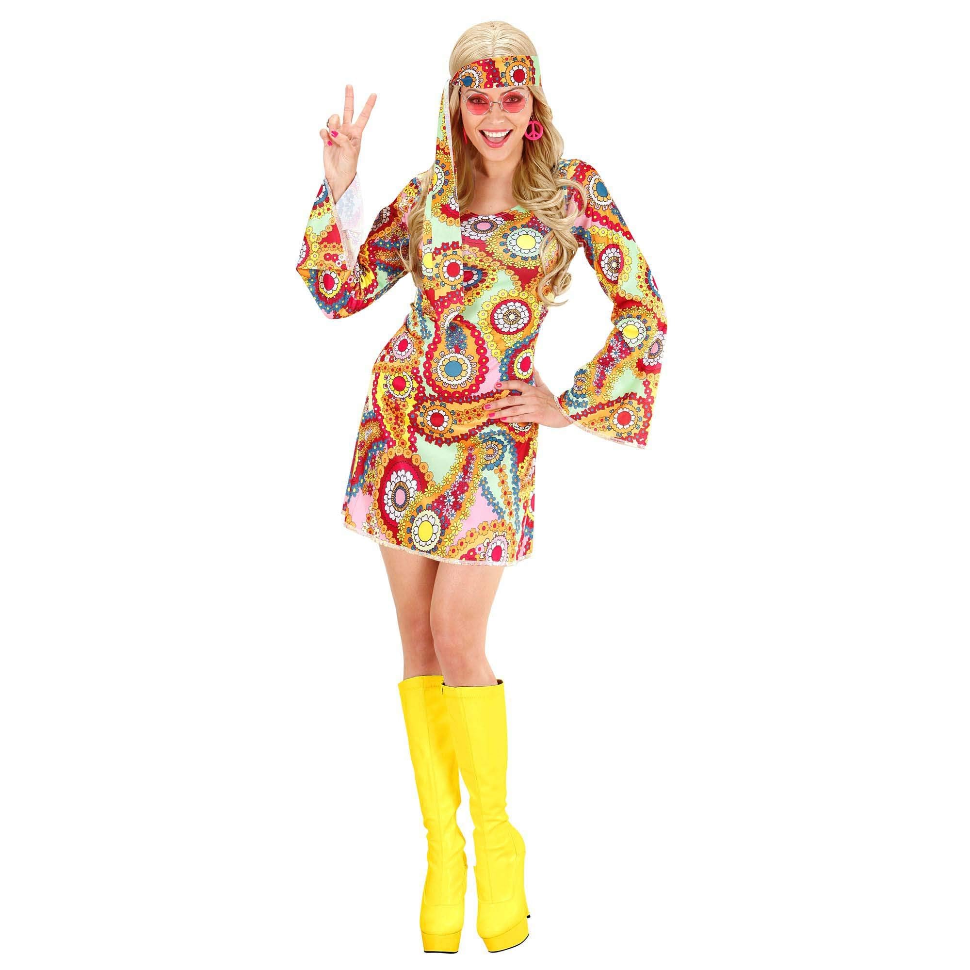 W WIDMANN MILANO Party Fashion - Kostüm Hippie Girl, Kleid, Stirnband, Flower Power, Karneval, Mottoparty