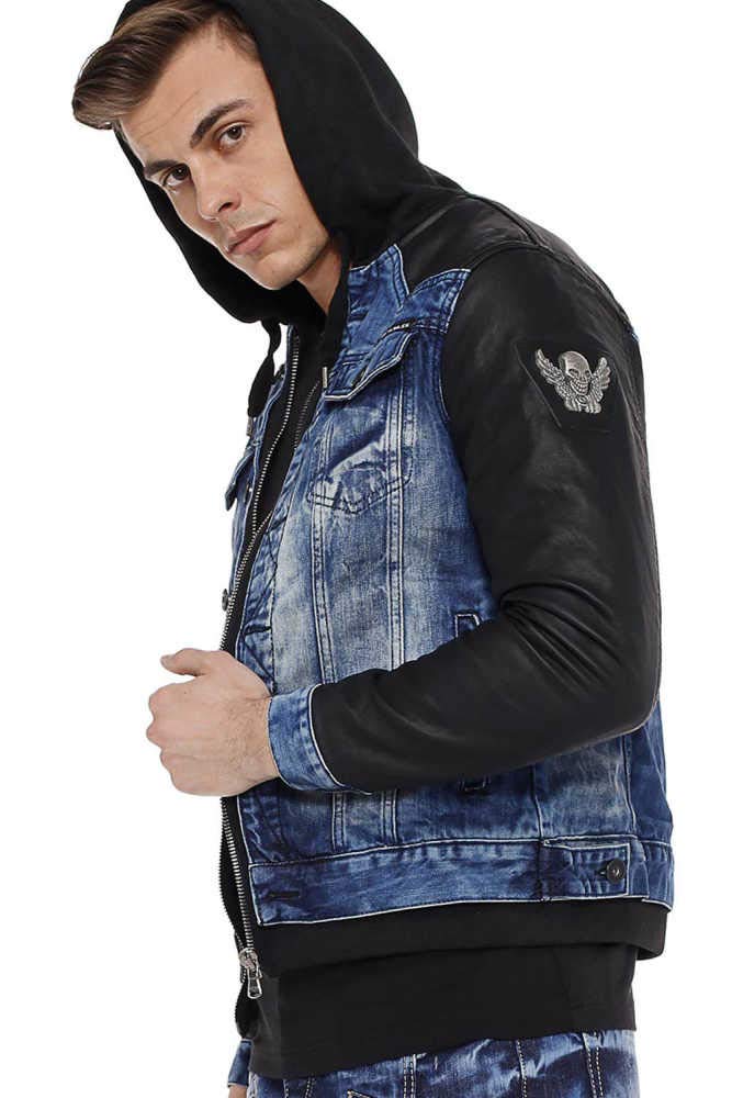 Cipo & Baxx Herren Jeansjacke Sweatkapuze Kunstleder Bikerjacke Freizeitjacke CJ235 Blau 3XL