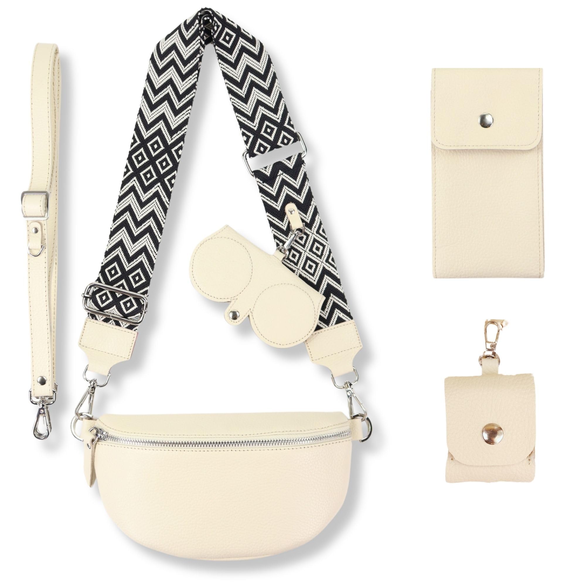 Blade Bauchtasche Damen Echtleder, stylisch Umhängetasche Damen, Crossbody Bag Damen mit 2 Gurten mit Komplettset (Brille Etui+Handytasche+Portemonnaie+AirpodsEtui) Creme (Klein/Opt-7)