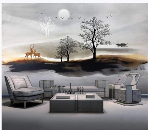 Tinte Landschaft Elch Mond Boot 3D Tapete Poster Restaurant Schlafzimmer Wohnzimmer Sofa TV Dekorative Wand-400cm×280cm