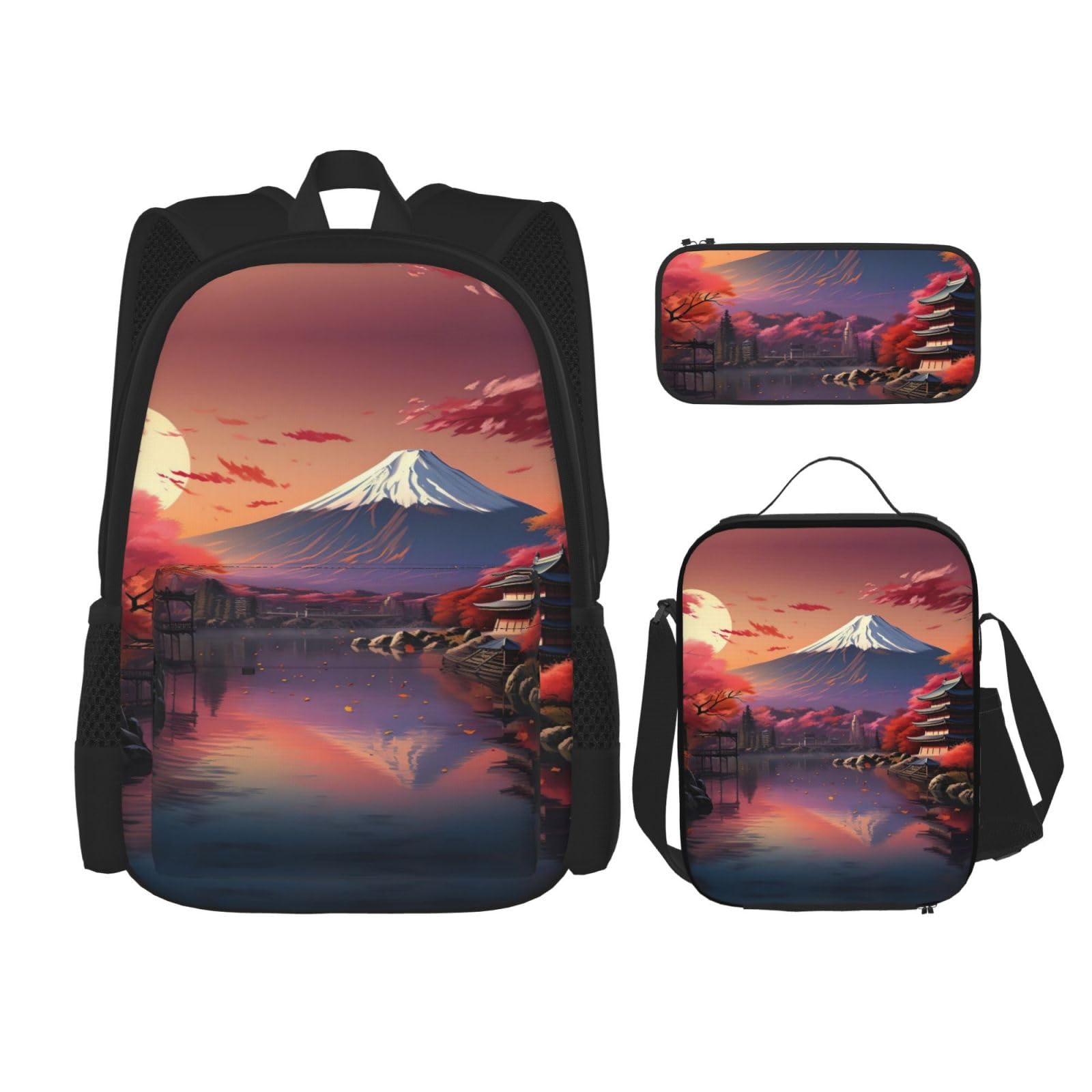 YQxwJL 3-in-1-Rucksack-Büchertaschen-Set, japanischer Fuji-Landschaftsdruck, lässiger Reiserucksack, mit Federmäppchen, Lunchtasche