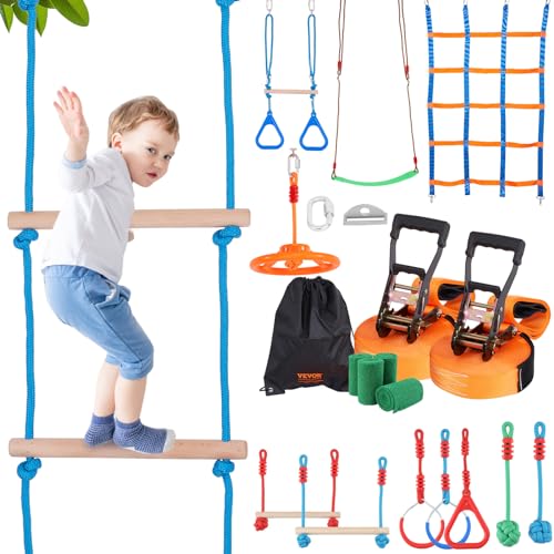 VEVOR Ninja Slackline Hindernisse Set 2 x 19,8 m Slacklines, 226,8 kg Tragkraft Ninja Hinderniskurs, Outdoor-Spielset-Ausrüstung, Hinterhofspielzeug-Trainingsausrüstungsset mit 12 Hindernissen